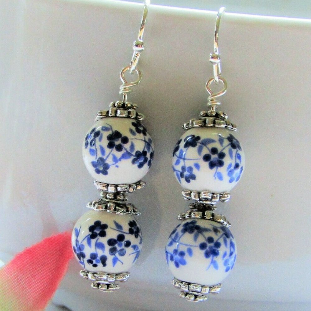 Blue Yellow Floral Blossom Ceramic Silver Earrings